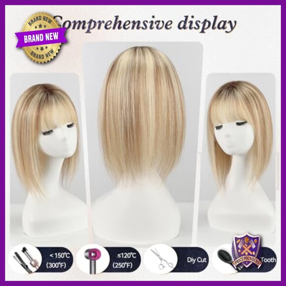Human Hair Topper with Bangs 14 Inch 6x5 Swiss Base for Thinning Hair
